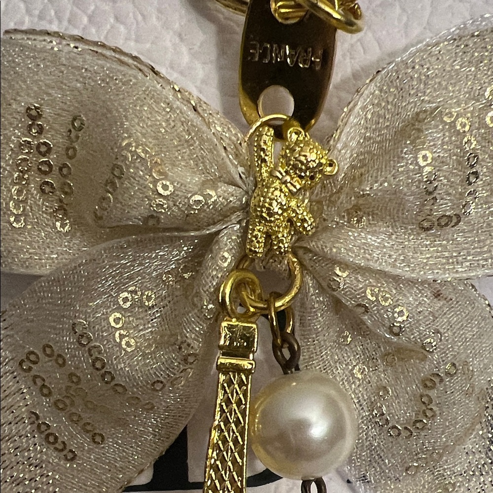 Handmade Gold Eiffel Tower Bow Keychain with Pearl Accent - Picture 2 of 5